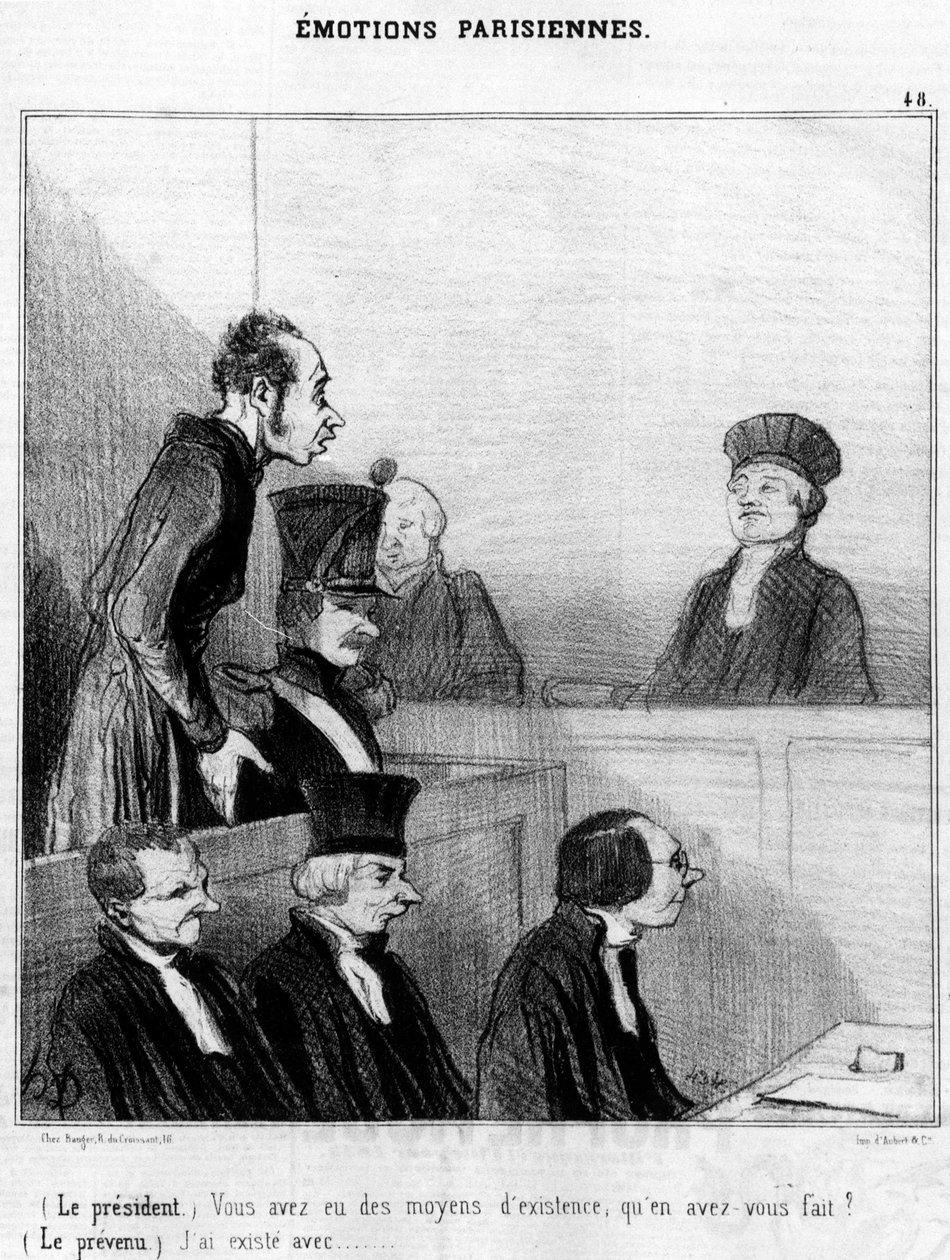 (Talmannen) Du hade ett levebröd, vad gjorde du med det? (Svaran) Jag finns med...,, serie tecknade serier om parisiska känslor av Honore Daumier (1808-1879). “Charivari” av Honoré Daumier