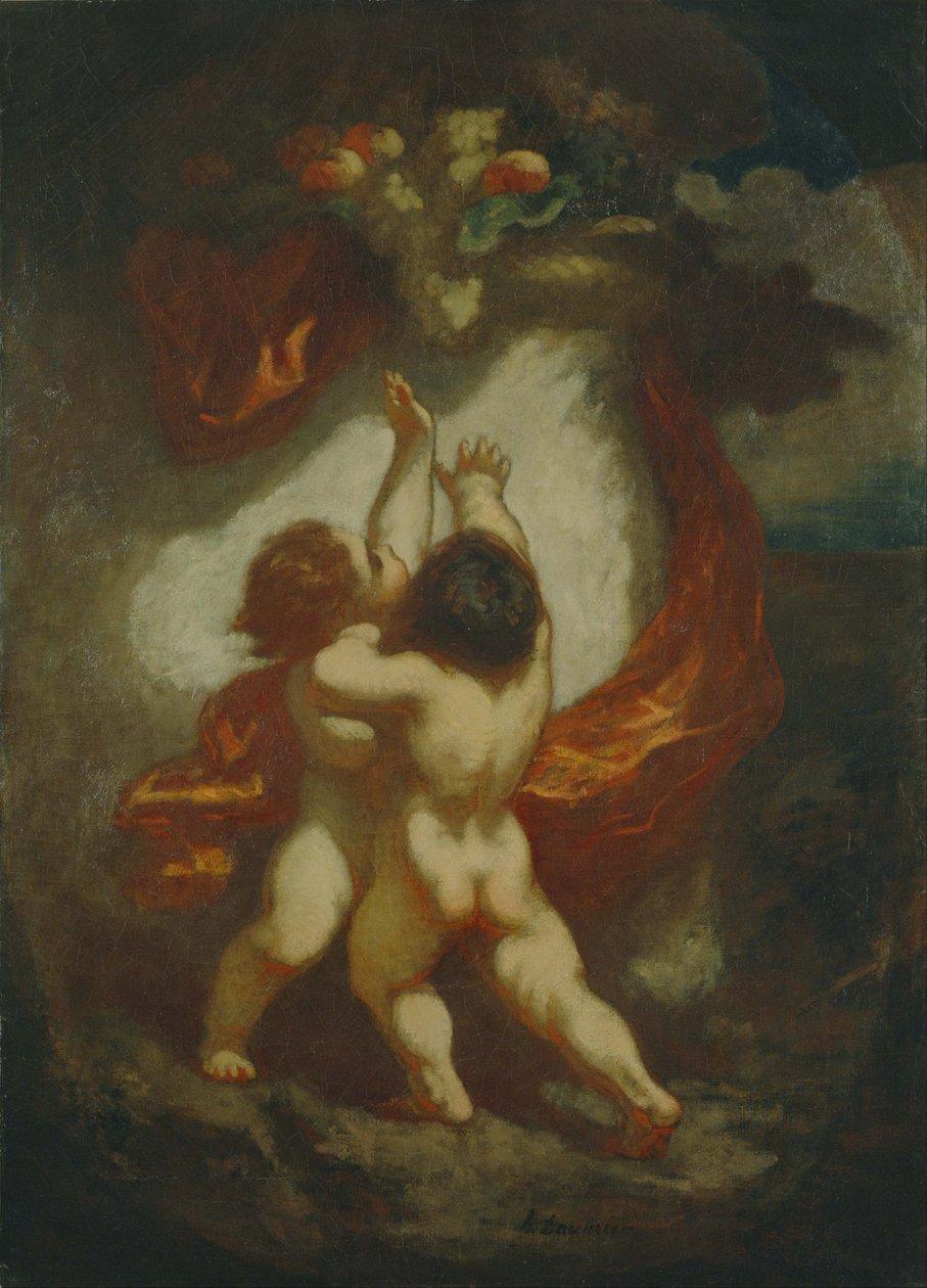 Två barn slåss om en bit frukt av Honoré Daumier