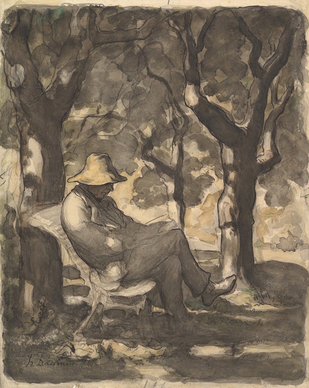 En man som läser i en trädgård, 1825-79 (wc över svart krita, penna och bläck, tvätt och krita) av Honoré Daumier