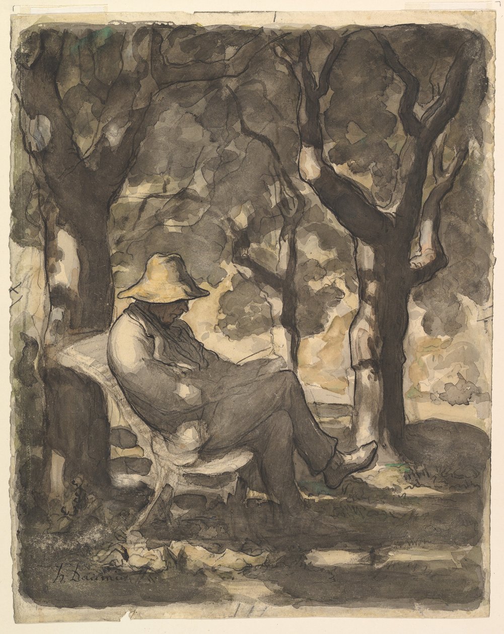 En man som läser i en trädgård recto, Preliminär skiss för en man som läser i en trädgård v..., ca. 1865. av Honoré Daumier