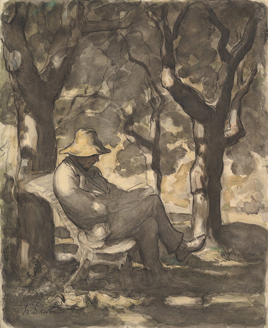 En man som läser i en trädgård recto..., ca. 1865. av Honoré Daumier
