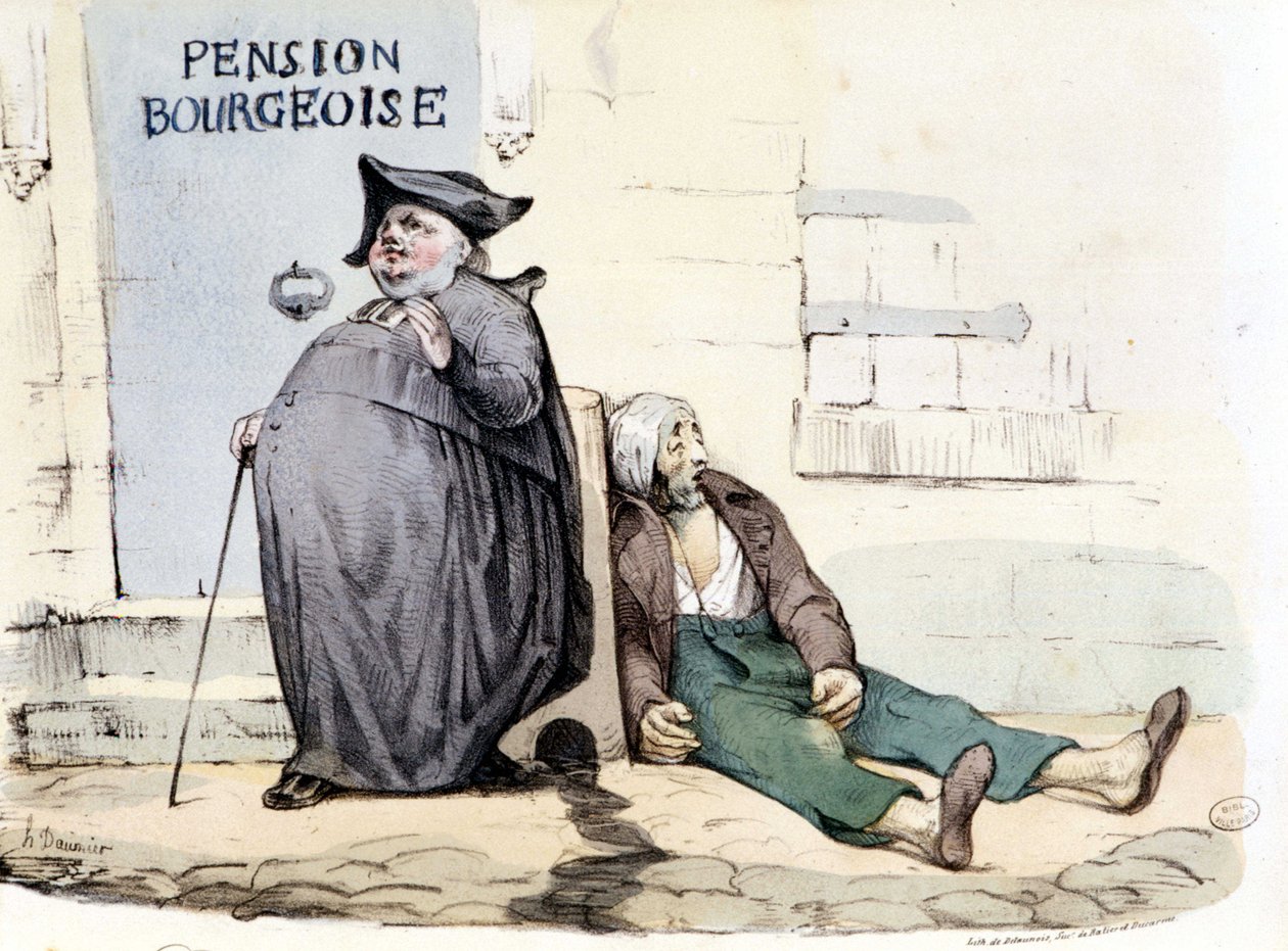 En tjock och repu präst bredvid en stackars patient som ligger på marken - i "La Silhouette" av Honoré Daumier