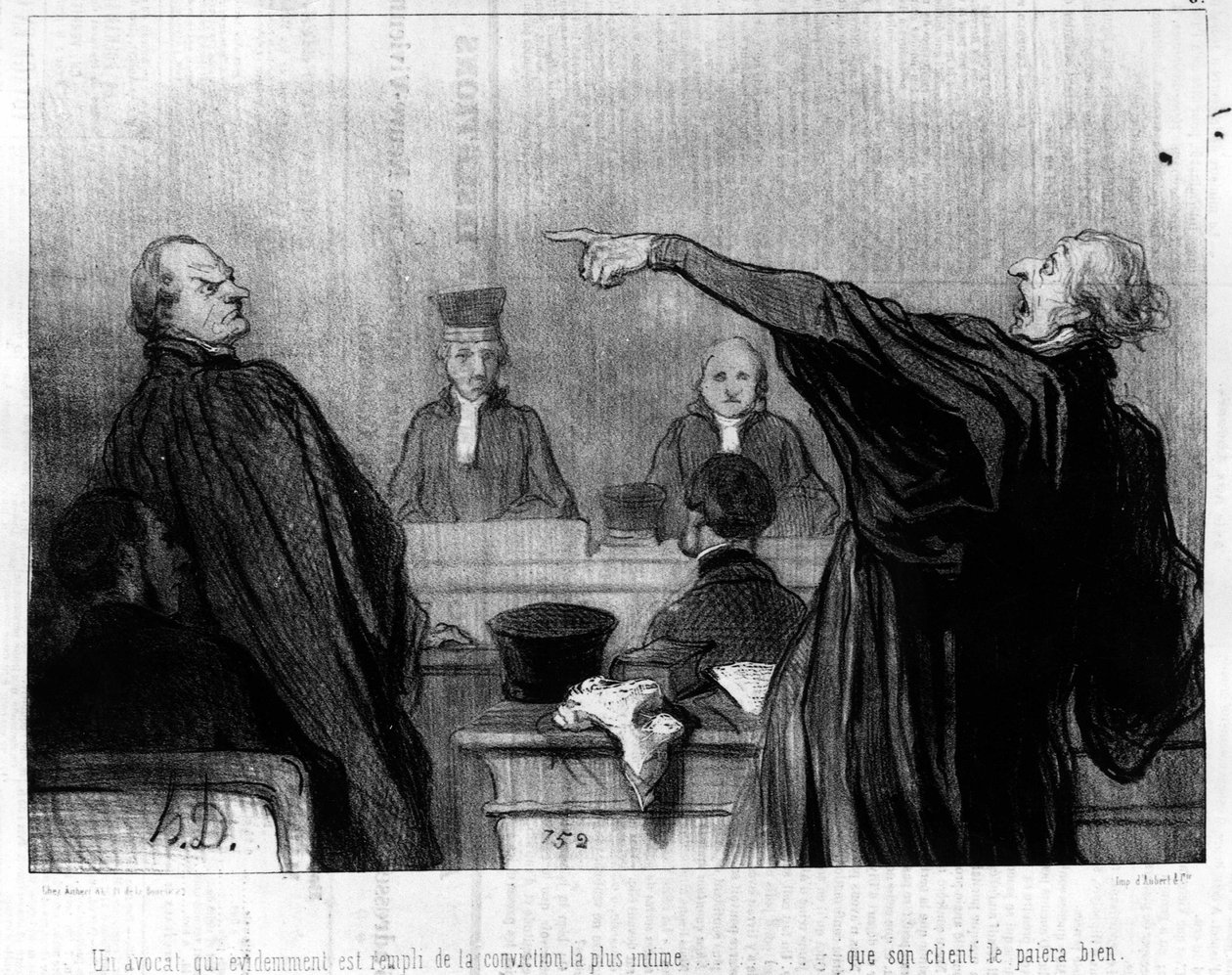 En advokat som uppenbarligen är fylld av den mest intima övertygelsen... att hans klient kommer att para ihop honom väl, hämtat från "Gens de Justice"-serien med tecknade serier om rättvisa av Honore Daumier (1808-1879). “Charivari” av Honoré Daumier