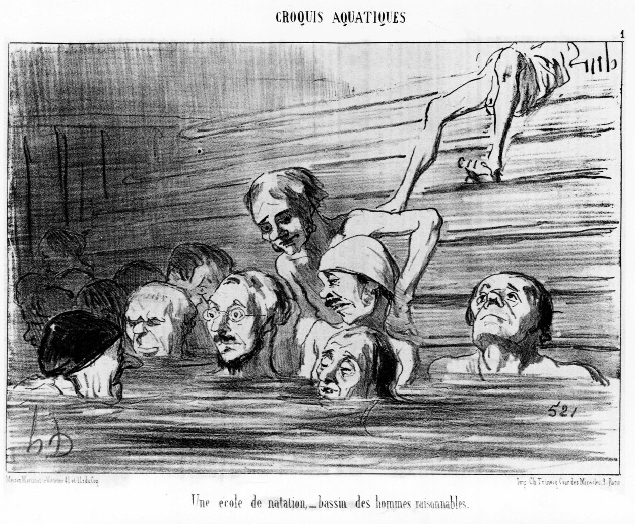 En simskola, en bassäng med förnuftiga män: illustration från serien "Sketch d
