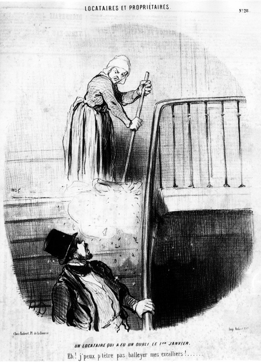 En hyresgäst som hade en glömskans dag den 1 januari. Jag kan inte kasta mina klätterskor! , hämtat från "Tenants et Owners", tecknad serie av Honore Daumier (1808-1879). "Charivari" av Honoré Daumier