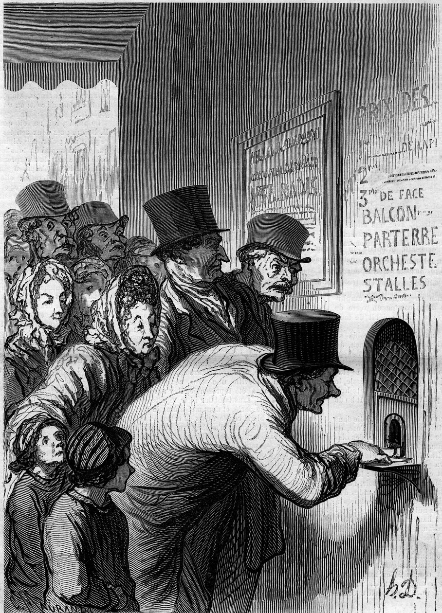 Ett teaterfönster. Tecknad av Honore Daumier (1808-1879). Gravyr i "" Le Monde Illustré"" nr 269 av 7 juni 1862. av Honoré Daumier