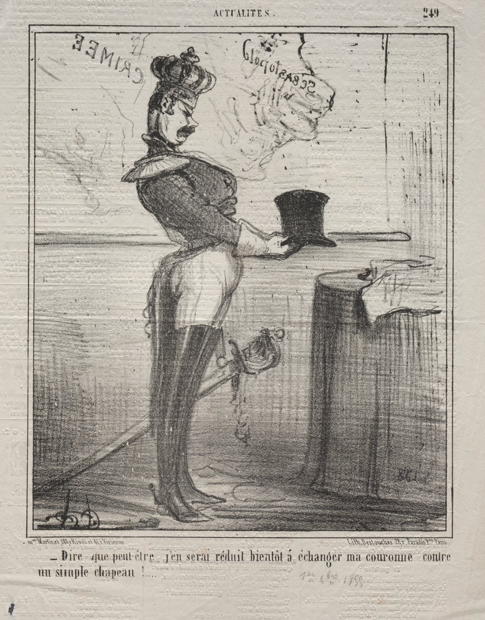 Aktualiteter (nr 249): De säger att jag snart kommer att reduceras till att byta ut min krona mot en enkel hatt! av Honoré Daumier