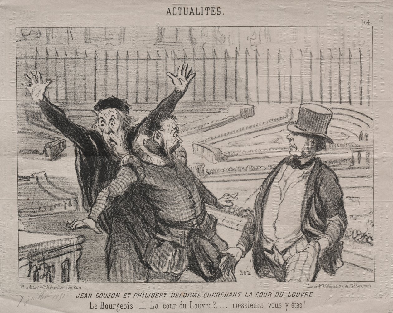 Aktualiteter (skylt 164): Jean Goujon och Philibert Delorme letar efter Louvrens innergård av Honoré Daumier
