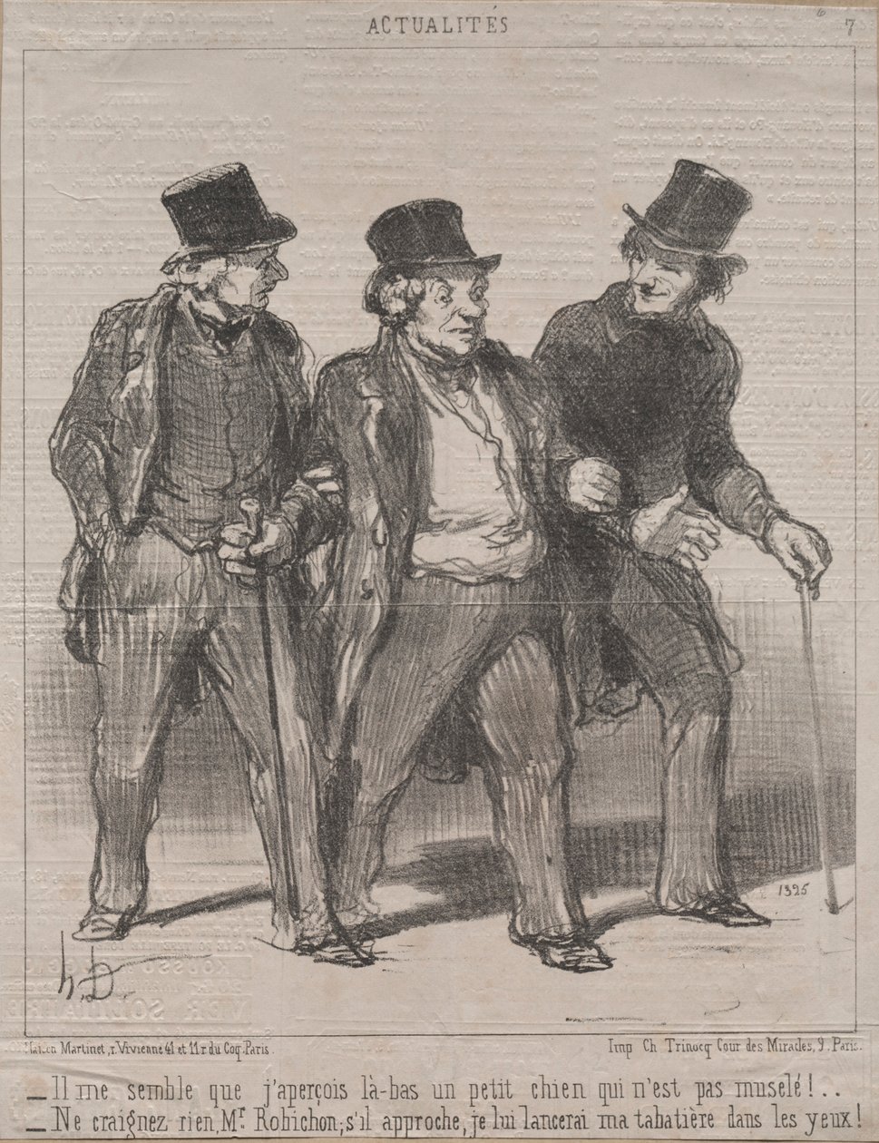 Aktualitet nr 7: Det verkar som att jag märker en liten hund där som inte är munkorgad!..., 1852. av Honoré Daumier