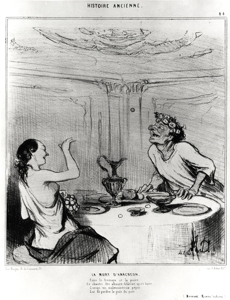 Forntida historia: Anacreons död, karikatyr för att illustrera ett utdrag ur Jacques-Benigne (Jacques Benigne) Bossuets badineverk (1627-1704): "Mellan ost och päron, denna sångare av älskar folatrait efter att ha druckit, När en olycklig pepepei av Honoré Daumier