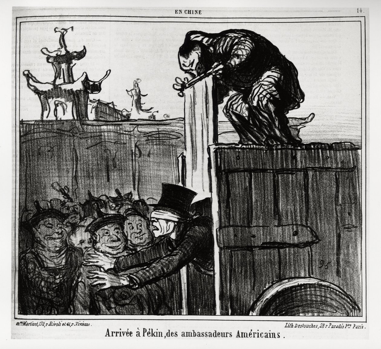 Anlände till Peking av amerikanska ambassadörer. I serien In China, illustration av Honore Daumier (1808-1879), publicerad i "" Charivari"", daterad 13 oktober av Honoré Daumier