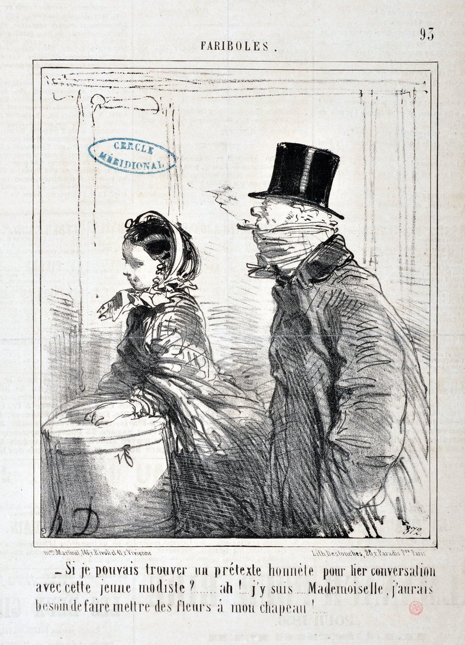 Konstverk av Honore Daumier (1808-1879) Charivari: Serie FARIBOLES "" - Skulle du kunna hitta en ärlig förevändning för att länka konversation med denna unga modell?... Ah! Jag är här... fröken, jag måste sätta blommor på hatten!” KONSTMUSEET - PALACE LONG av Honoré Daumier