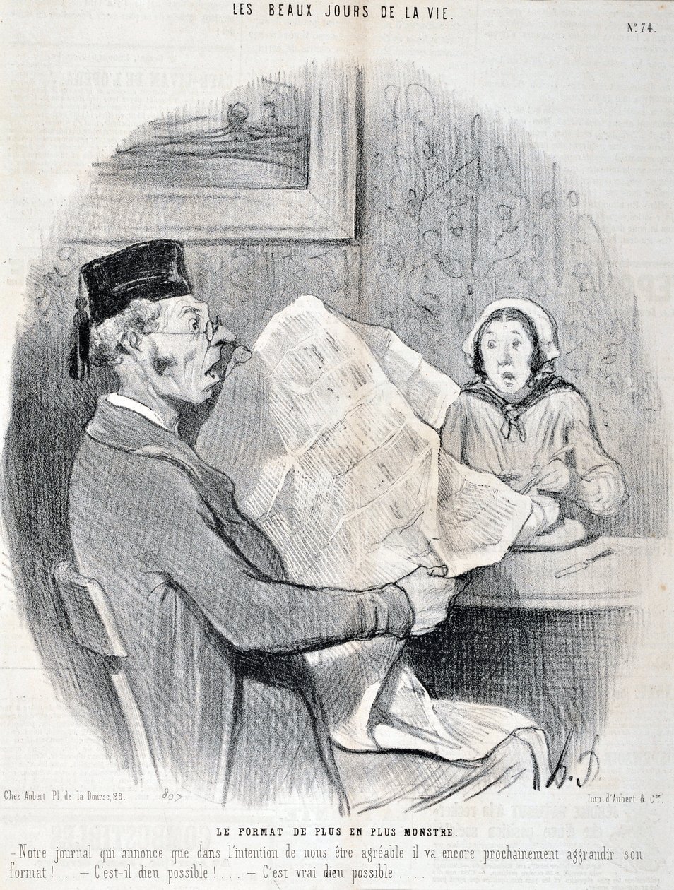 Konstverk av Honore Daumier (1808-1879). Charivari: Serie THE BEAUTY DAYS OF LIVE. Det allt mer monsterformatet "" -Vår tidning som meddelar att den snart kommer att utöka sitt format ytterligare för att vara behaglig för dig! är det möjligt gud? "MUSE DES av Honoré Daumier