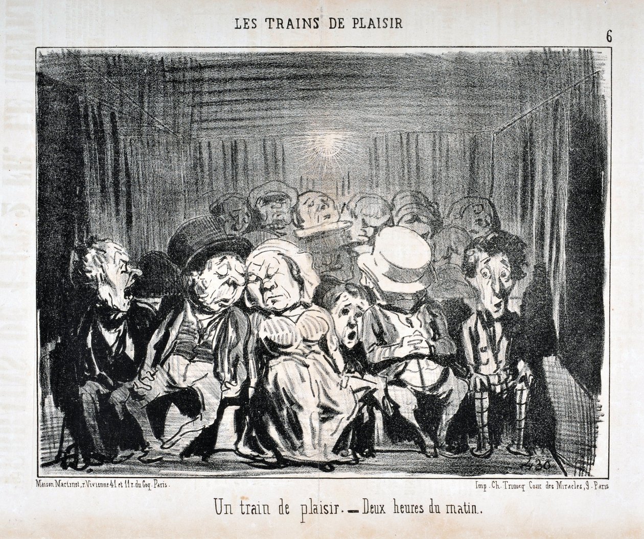 Konstverk av Honore Daumier (1808-1879) Charivari är från 1852: Serie LES TRAINS DE PLAISIR -Ett nöjeståg. – Klockan två på morgonen. MUSEET FÖR FINA KONST - PALACE LONGCHAMP, MARSEILLE av Honoré Daumier