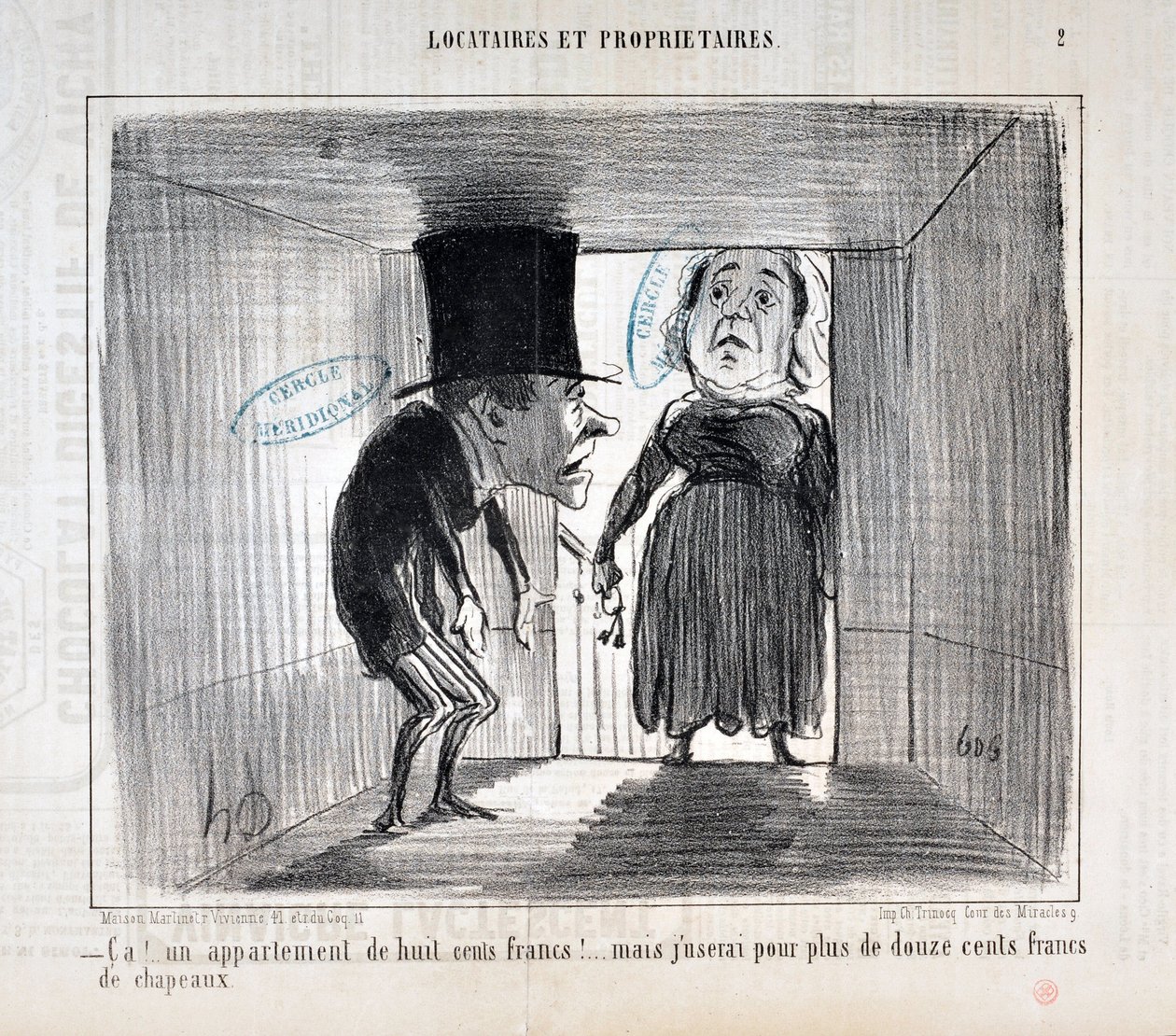 Konstverk av Honore Daumier (1808-1879) Charivari är från 1854: Serie TENNIQUES AND OWNERS "Ca!... en lägenhet på åttahundra franc!... men jag kommer att använda mer än tolvhundra franc i hattar" MUSEE DES BEAUX ARTS - PALAIS LONGCHAMP, MARSEILLE av Honoré Daumier