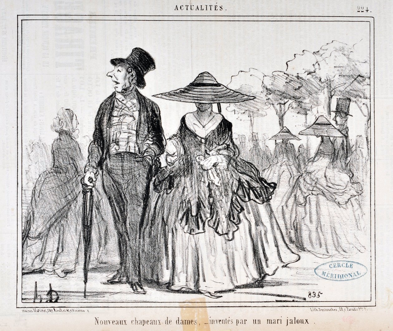 Konstverk av Honore Daumier (1808-1879) Charivari-datum från 1855: Serie Actualites "Nouvelles hats de dames, inventes par un mari jaloux" MUSEE DES BEAUX ARTS - PALAIS LONGCHAMP, MARSEILLE av Honoré Daumier