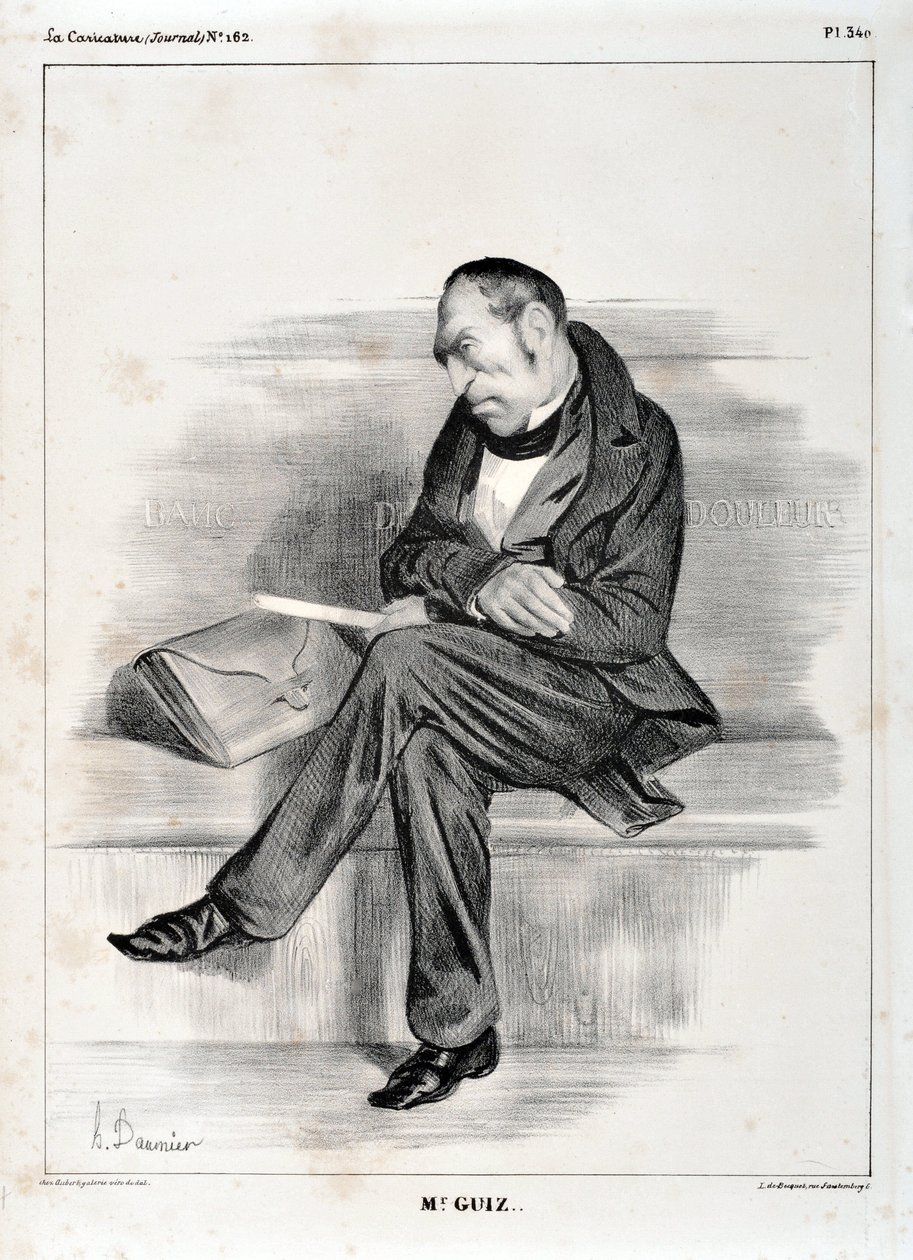 Konstverk av Honore Daumier (1808-1879). Charivari är från 1833: Serie Celebrites de la caricature "" M. Guiz..."" KONSTMUSEET - PALACE LONGCHAMP, MARSEILLE av Honoré Daumier