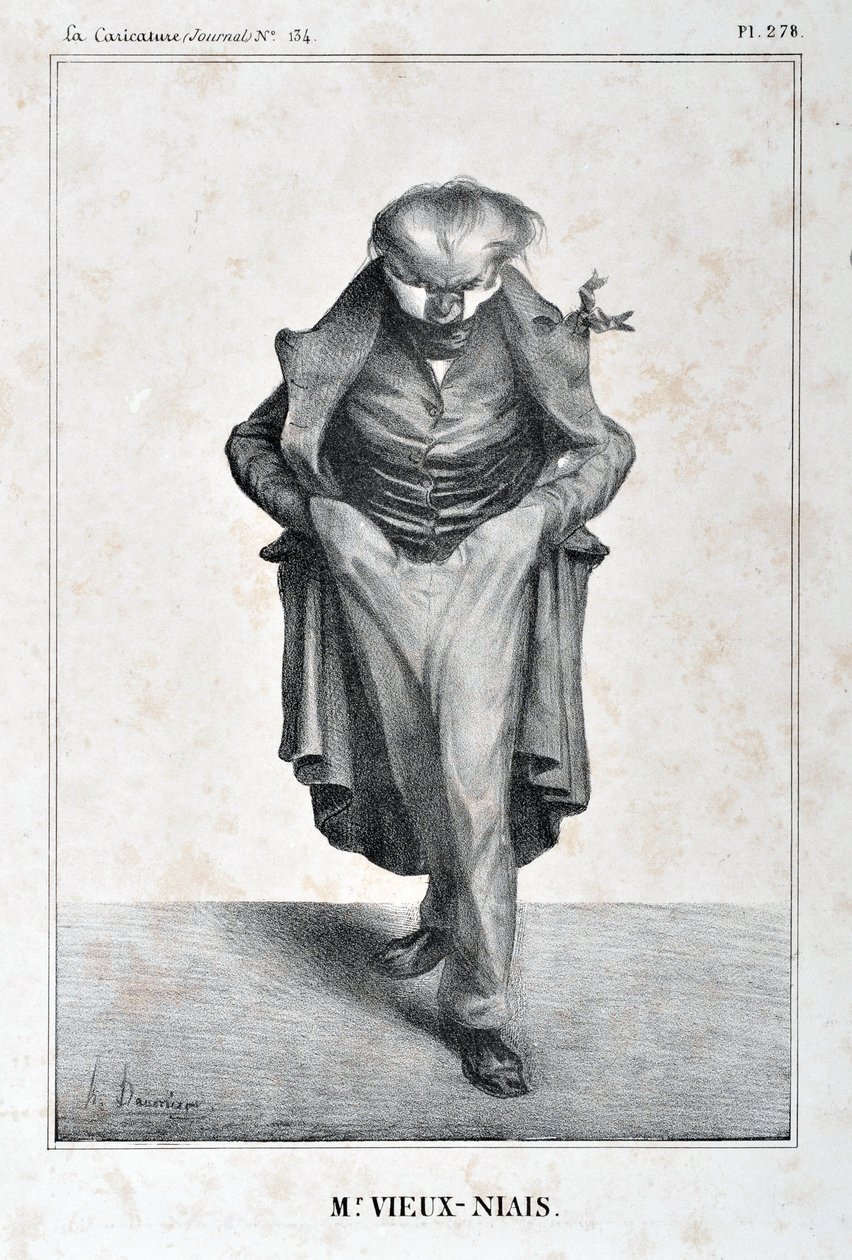 Konstverk av Honore Daumier (1808-1879). Charivari är från 1833: Serie Celebrites de la Caricature "" M. Vieux-Niais "" MUSEE DES BEAUX ARTS - PALAIS LONGCHAMP, MARSEILLE av Honoré Daumier