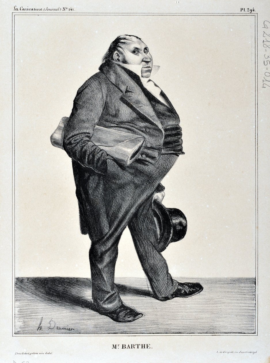 Konstverk av Honore Daumier (1808-1879). Charivari är från 1833: Serie Celebrites de la Caricature "" M. Barthe"" KONSTMUSEET - PALAIS LONGCHAMP, MARSEILLE av Honoré Daumier
