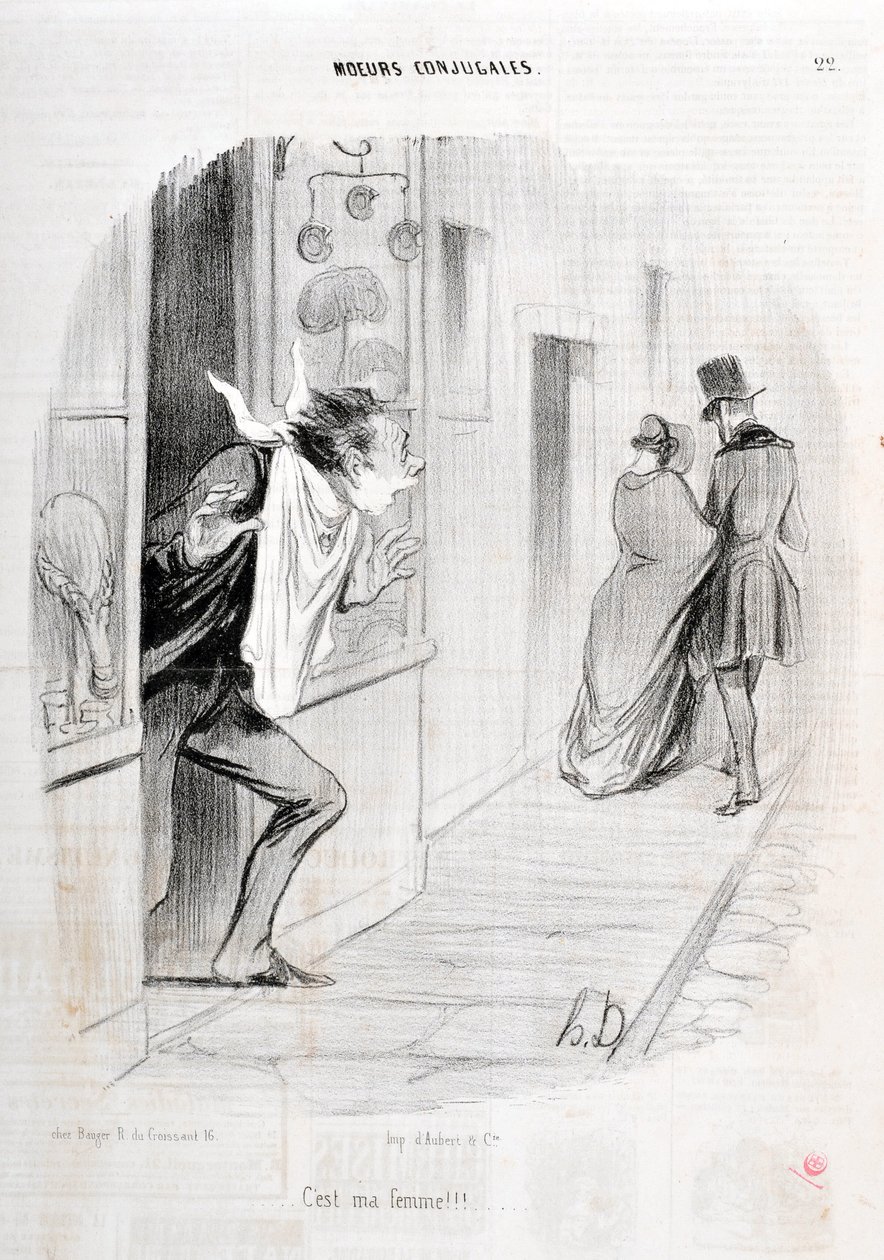 Konstverk av Honore Daumier (1808-1879). Charivari är från 1840 Serie MORIES CONJUAL “” Det är min fru!!! "" MUSEET FÖR FINA KONST - PALACE LONGCHAMP, MARSEILLE av Honoré Daumier
