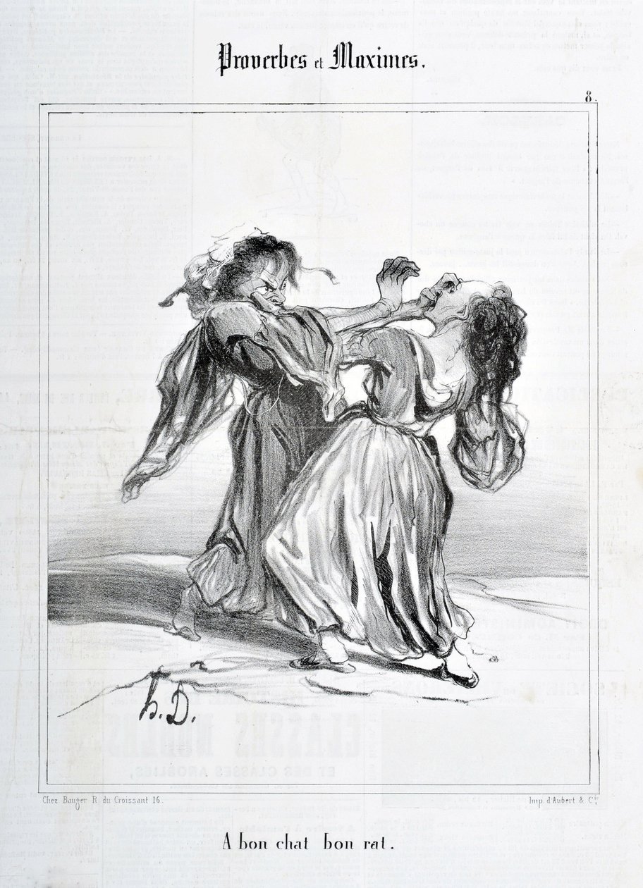 Konstverk av Honore Daumier (1808-1879). Charivari är från 1840: serien ORDSPRÅK OCH MAXIM "A bon cat bon rat"" KONSTMUSEET - PALAIS LONGCHAMP, MARSEILLE av Honoré Daumier