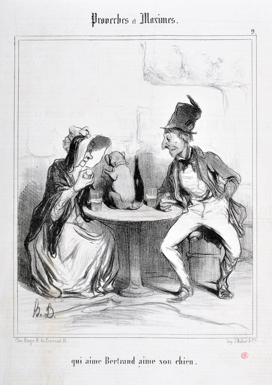 Konstverk av Honore Daumier (1808-1879). Charivari är från 1840: Serie PROVERBS ET MAXIMES "" som älskar Bertrand älskar sin hund "" MUSEE DES BEAUX ARTS - PALAIS LONGCHAMP, MARSEILLE av Honoré Daumier