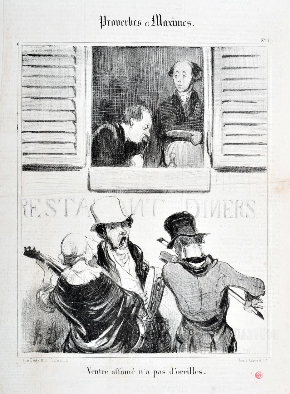 Konstverk av Honore Daumier (1808-1879). Charivari är från 1840: Serie PROVERBS ET MAXIMES "" Magsvält har inga öron "" "MUSEE DES BEAUX ARTS - PALAIS LONGCHAMP, MARSEILLE av Honoré Daumier