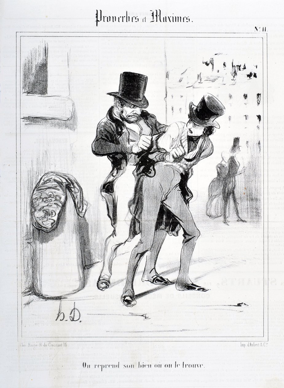 Konstverk av Honore Daumier (1808-1879). Charivari är från 1840: Serie PROVERBES ET MAXIMES "" Vi återupptar vår egendom eller så hittar vi den "" "MUSEE DES BEAUX ARTS - PALAIS LONGCHAMP, MARSEILLE av Honoré Daumier
