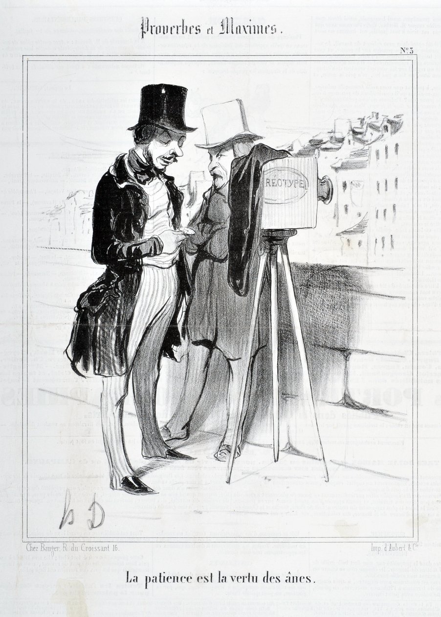 Konstverk av Honore Daumier (1808-1879). Charivari är från 1840: Serie PROVERBES ET MAXIMES "Tålamod är åsnornas dygd"" KONSTMUSEET - PALAIS LONGCHAMP, MARSEILLE av Honoré Daumier