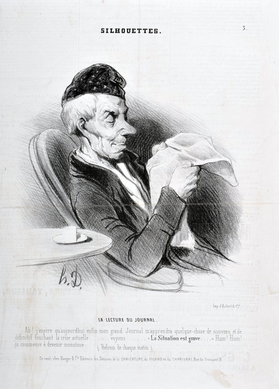 Konstverk av Honore Daumier (1808-1879). Charivari är från 1840: SOUXETTES-serien "" Läser tidningen "" MUSEE DES BEAUX ARTS - PALAIS LONGCHAM av Honoré Daumier