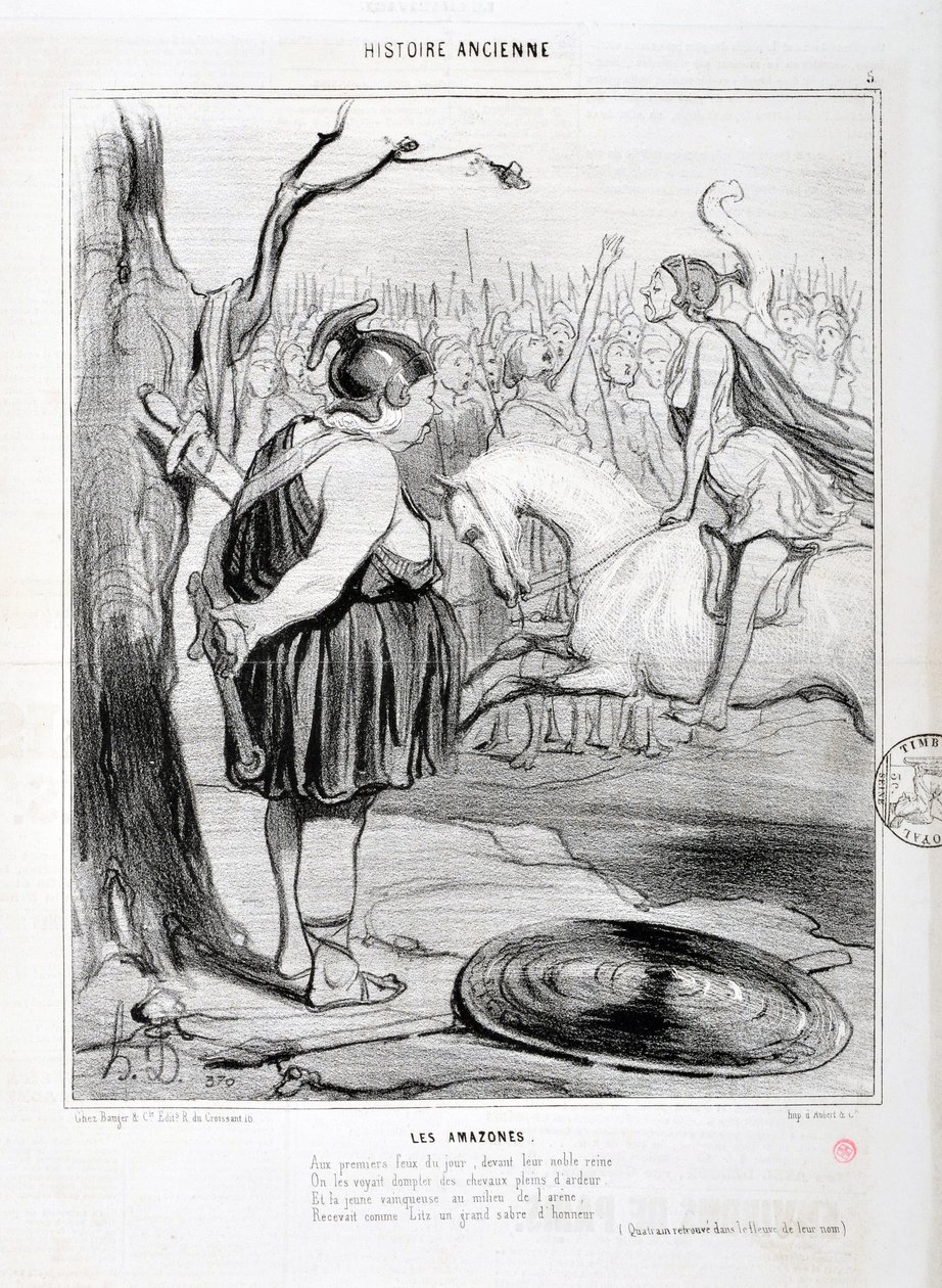 Konstverk av Honore Daumier (1808-1879) Charivari är från 1842: Serie HISTORIE ANCIE Les Amazones. ”” Vid dagens första eld, inför sin ädla drottning, sågs de tämja hästar fulla av iver. Och den unga vinnaren i mitten av arenan rece av Honoré Daumier