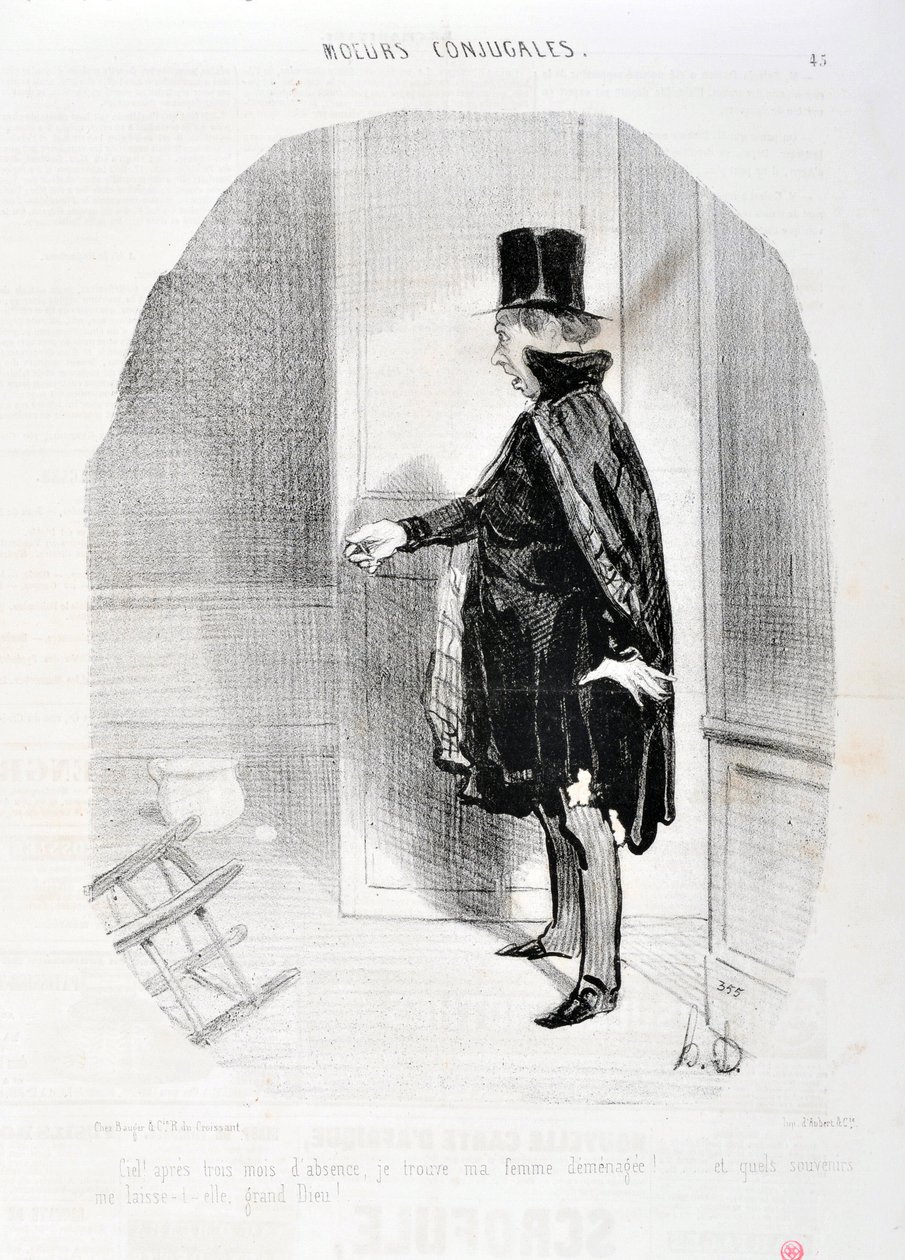 Konstverk av Honore Daumier (1808-1879). Charivari är från 1842: Serie MORES CONJUALES “” Himlen efter tre månaders frånvaro finner jag min fru demenagee och vilka minnen jag tvättar hennes store Gud! "" MUSEET FÖR FINA KONST - PALACE LONGCHAMP, MARSEILLE av Honoré Daumier