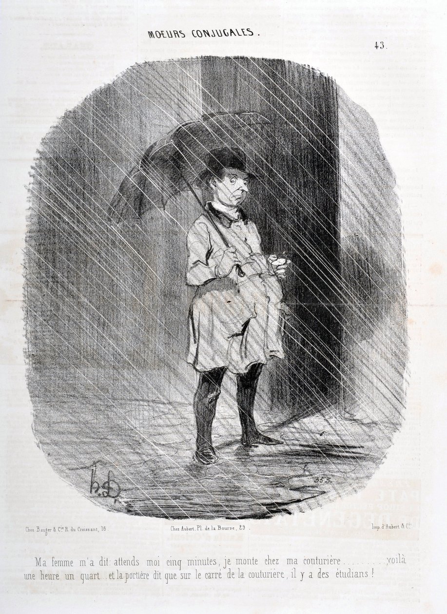 Konstverk av Honore Daumier (1808-1879). Charivari är från 1842: Serie MORES CONJUALES "" Min fru sa till mig vänta på mig fem minuter. Jag går upp till min couturiere för en timme för en kvart sedan och dörren säger att på torget i couturiere finns studen av Honoré Daumier