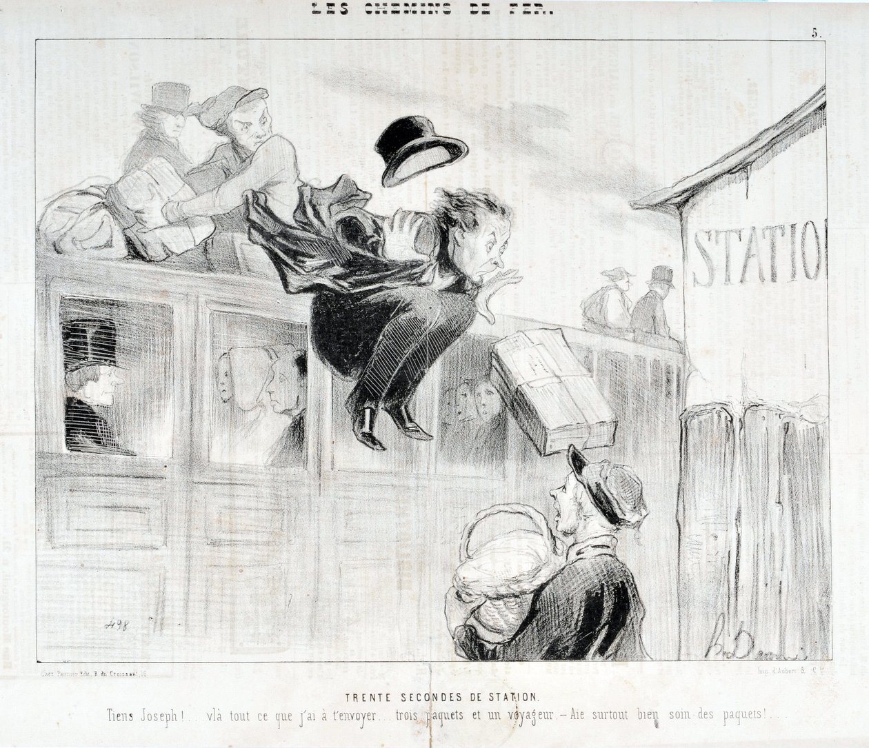 Konstverk av Honore Daumier (1808-1879). Charivari är från 1843: Serie LES Chemins de fer Trettio sekunder från stationen "" -Tiens Joseph! vla allt jag har att skicka till dig... tre paket och en resenär - Framför allt sköta om paketen”” MUSEE DES BEAUX A av Honoré Daumier