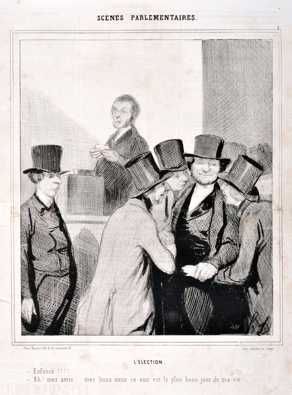 Konstverk av Honore Daumier (1808-1879). Charivari är från 1843: Serie SCENES PARLAMENTARY. Valet "" Simma!!! "Ah mina vänner mina goda vänner ikväll är den bästa dagen i mitt liv!" MUSEET FÖR FINA KONST - PALACE LONGCHAMP, MARSEILLE av Honoré Daumier