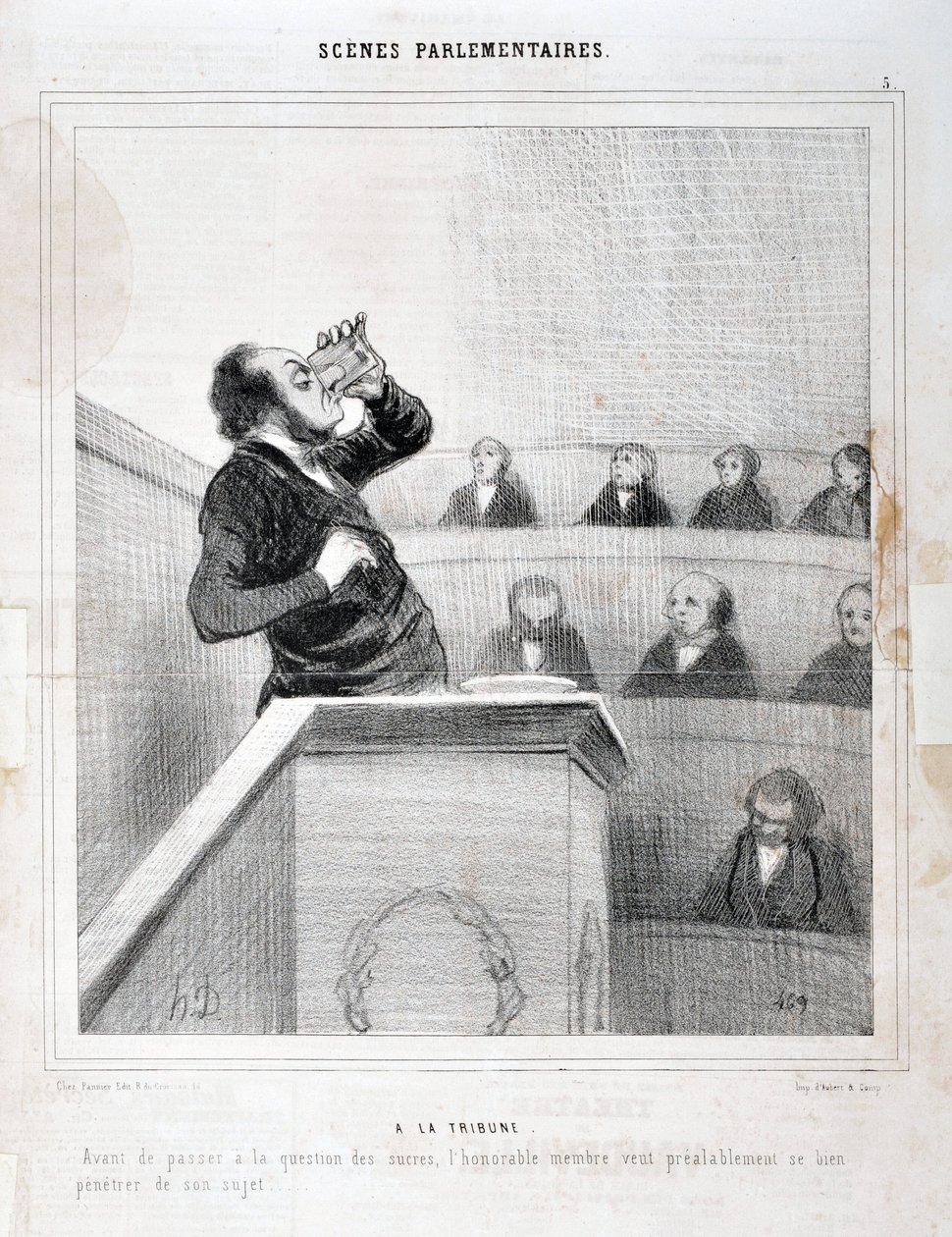 Konstverk av Honore Daumier (1808-1879). Charivari är från 1843: Serie SCENES PARLAMENTARY. I galleriet - Innan vi går vidare till frågan om socker, är hon. medlem vill tänka väl över sitt ämne”” MUSEE DES BEAUX ARTS - PALAIS LONGCHAMP, MARS av Honoré Daumier