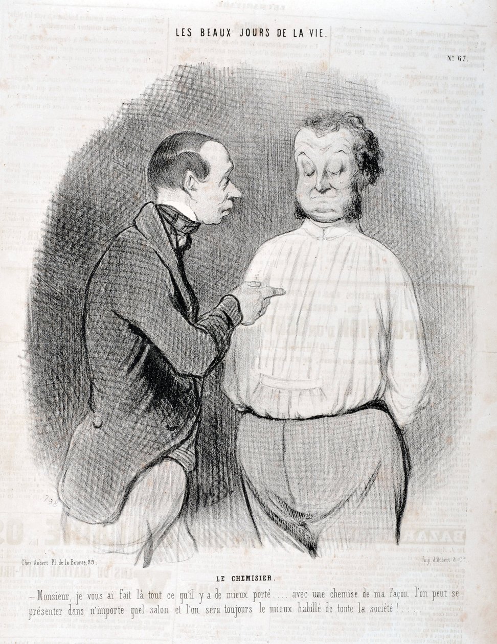 Konstverk av Honore Daumier (1808-1879). Charivari är från 1845: Serie LES BEAUX DAYS DE LA VIE. Blusen "" -Sir, jag gjorde dig till den bästa klädda... med en skjorta på mitt sätt kan du presentera dig själv i vilket vardagsrum som helst och vi kommer all av Honoré Daumier