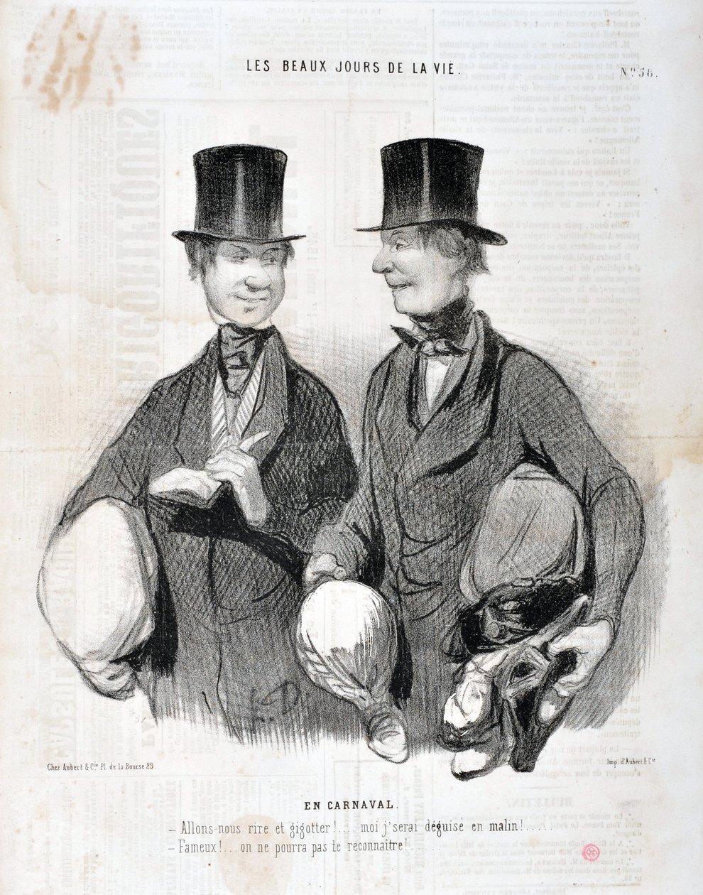 Konstverk av Honore Daumier (1808-1879). Charivari är från 1845: Serie LES BEAUX DAYS DE LA VIE. I Carnival "" -Låt oss skratta och gigotta! Jag kommer att bli besviken så smart! Känd! Vi kan inte känna igen dig...” MUSEUM OF FINE ARTS - PALACE LONGCHAMP,  av Honoré Daumier