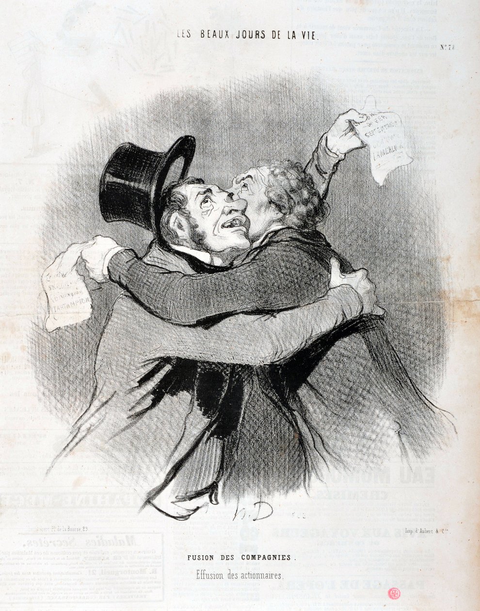 Konstverk av Honore Daumier (1808-1879). Charivari är från 1845: Serie LES BEAUX DAYS DE LA VIE. Fusion av företag - Utfall av aktieägare. MUSEUM FÖR KONST - PALATSET LONGCHAMP, MARSEILLE. av Honoré Daumier