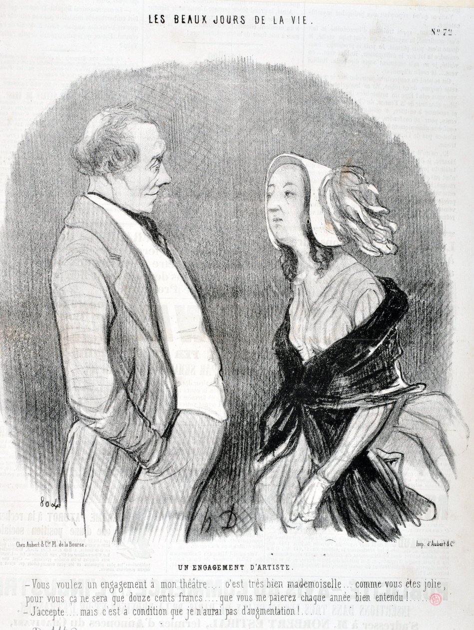 Konstverk av Honore Daumier (1808-1879). Charivari är från 1845: Serie LES BEAUX DAYS DE LA VIE. En konstnärs åtagande "Ni vill ha ett åtagande för min teater... det är mycket bra fröken... så vacker ni är för er blir det bara tolvhundra franc... det... av Honoré Daumier