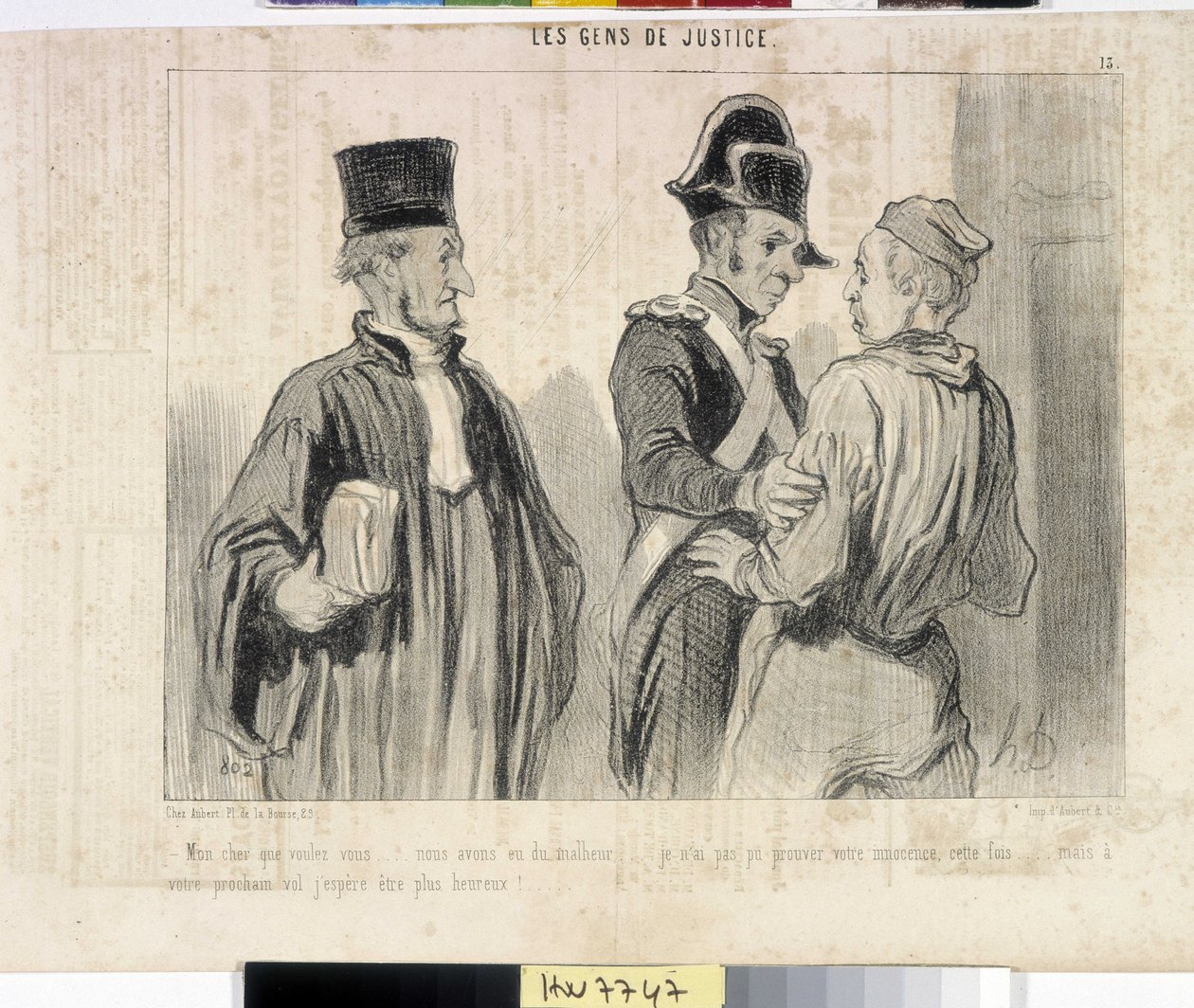 Konstverk av Honore Daumier (1808-1879). Charivari är från 1845: Serie LES PEANS DE JUSTICE. "" -Min kära vad vill du... vi hade olycka... Jag kunde inte bevisa din oskuld den här gången... men din nästa flygning hoppas jag bli lyckligare.""""" utdrag ur av Honoré Daumier