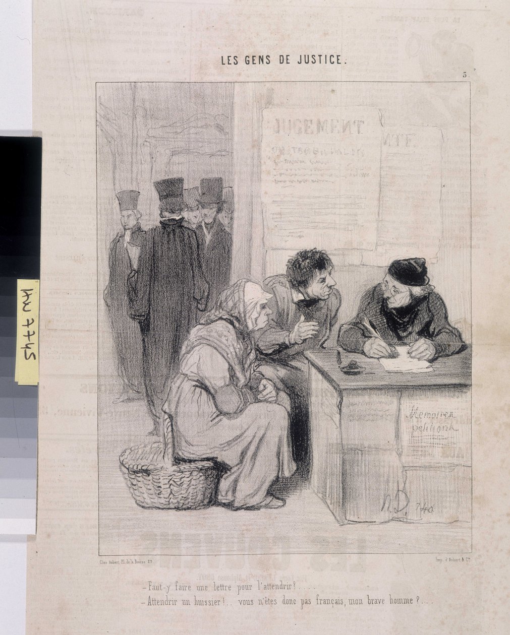 Konstverk av Honore Daumier (1808-1879). Charivari är från 1845: Serie LES PEANS DE JUSTICE. "Måste du skriva ett brev för att göra honom öm? - Att gå till en kronofogde! Är du inte fransman, min gode man?” Mått 37,5x28. Utdrag ur tidningen Le"" Charivari" av Honoré Daumier