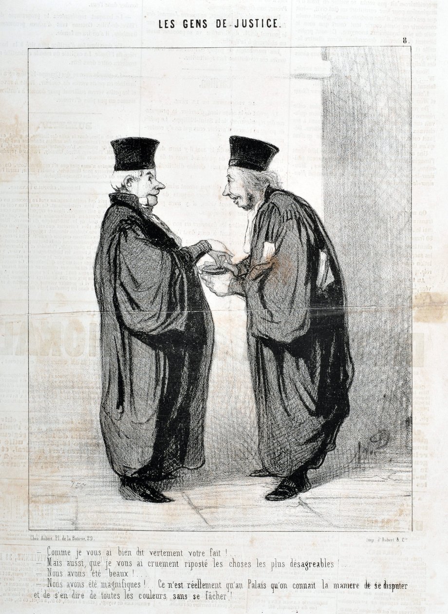 Konstverk av Honore Daumier (1808-1879). Charivari är från 1845: Serie LES PEOPLES DE JUSTICE "" -Som jag sa till dig, verkligen ditt faktum! Vi var vackra. Vi var vackra!... det är egentligen bara i Palais vi känner till sättet att argumentera och prata o av Honoré Daumier
