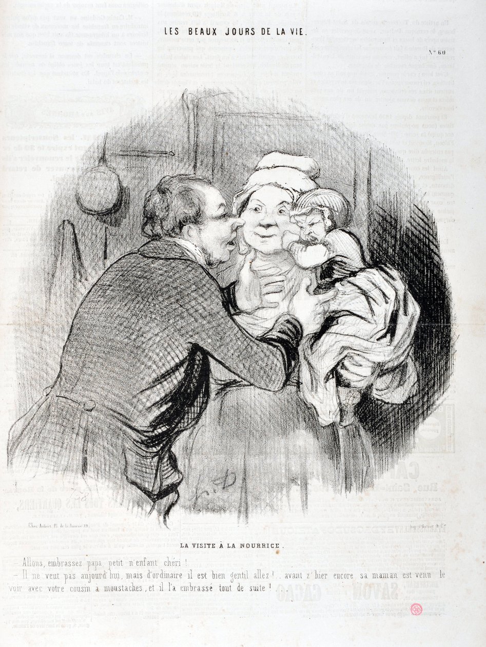 Konstverk av Honore Daumier (1808-1879). Charivari är från 1848: Serie Les beaux jours de la vie. Besöket hos sjuksköterskan - Låt oss kyssa pappa lilla barnet älskling - Han vill inte idag men oftast...”” KONSTMUSEET - PALACE LONGCHAMP, MARSEILLE av Honoré Daumier