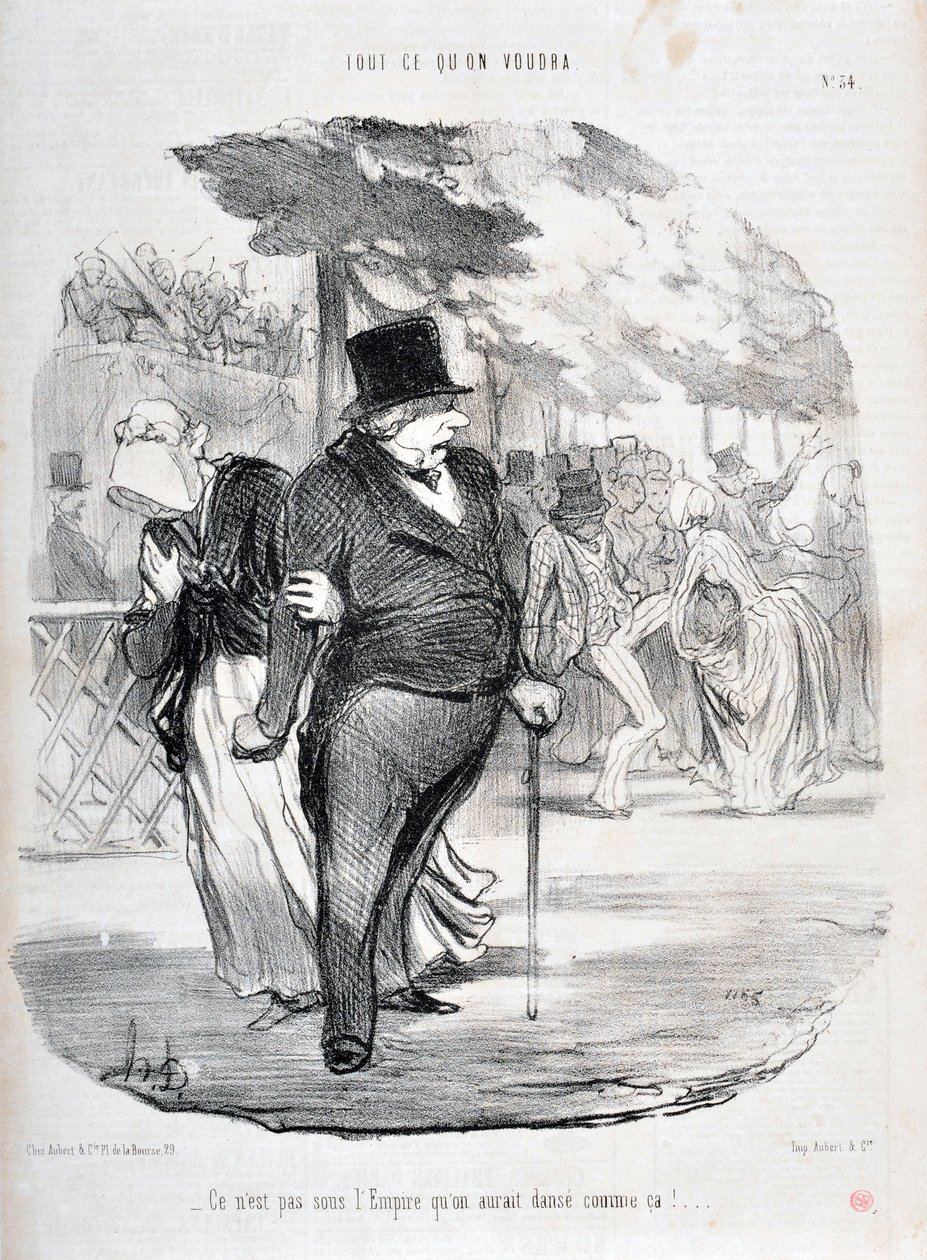 Konstverk av Honore Daumier (1808-1879). Charivari är från 1849: Serie ALL WHAT YOU WILL “” Det är inte under imperiet vi skulle dansa så här!...”” MUSEUM OF FINE ARTS - PALACE LONGCHAMP, MARSEILLE av Honoré Daumier