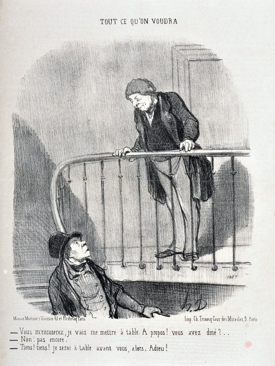 Konstverk av Honore Daumier (1808-1879). Charivari är från 1853: Serie ALL WHAT YOU WILL “Du får ursäkta mig, jag sitter vid bordet. Om det! Ätade du? - Nej inte än. "Jaha, jag sitter vid bordet före dig""" MUSEE DES BEAUTS ARTS - PALAIS L av Honoré Daumier