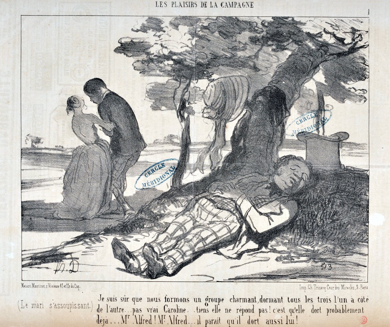 Konstverk av Honore Daumier (1808-1879) Charivari från 1853: Serie LES PLAISIRS DE LA CAMPAGNE "Jag är säker på att vi kommer att bilda en charmig grupp, alla tre tillsammans... rätt Caroline... titta, hon svarar inte! Hon är förmodligen redan aslee. av Honoré Daumier