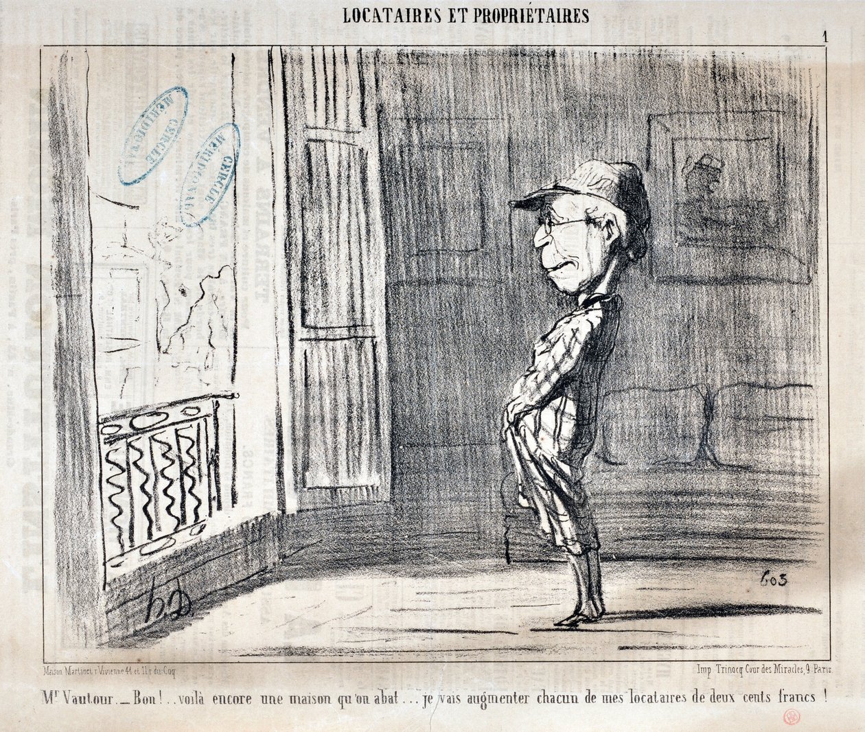 Konstverk av Honore Daumier (1808-1879) Charivari är från 1854: Serie TENNIQUES ET OWNIRES "" Mr Vautour - Bon!... Detta är ännu ett hus som skjuts ner... Jag kommer att öka var och en av mina hyresgäster med tvåhundra franc! ” KONSTMUSEET - PALACE LONGCHA av Honoré Daumier