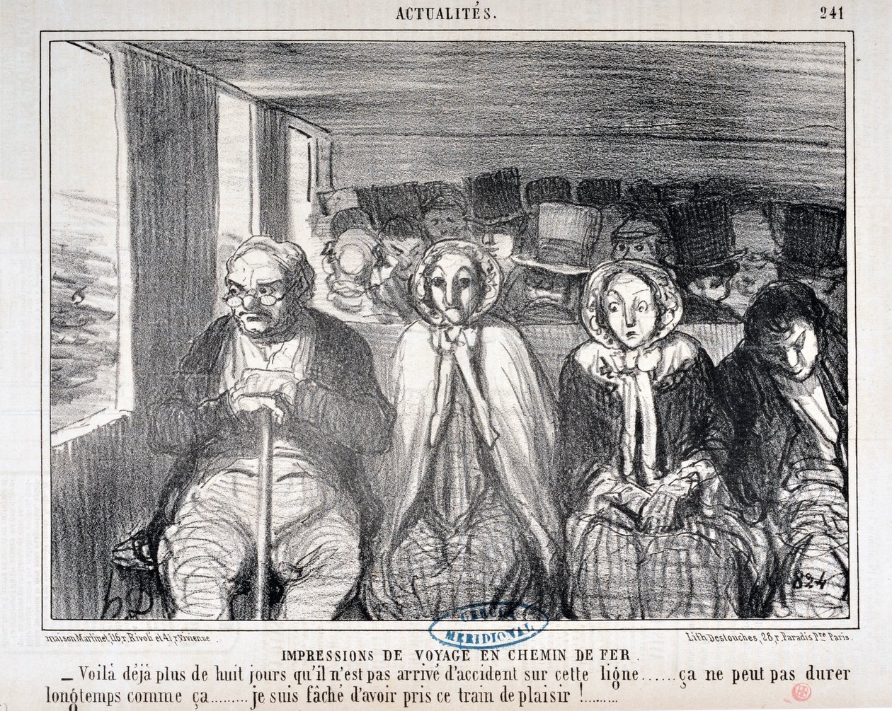 Konstverk av Honore Daumier (1808-1879) Charivari är från 1855: Serie Actualites de voyage en railroad “” -Här är mer än åtta dagar som det inte har hänt en olycka på den här linjen... det kan inte vara så länge. .. Jag är ledsen över att ha tagit det här  av Honoré Daumier
