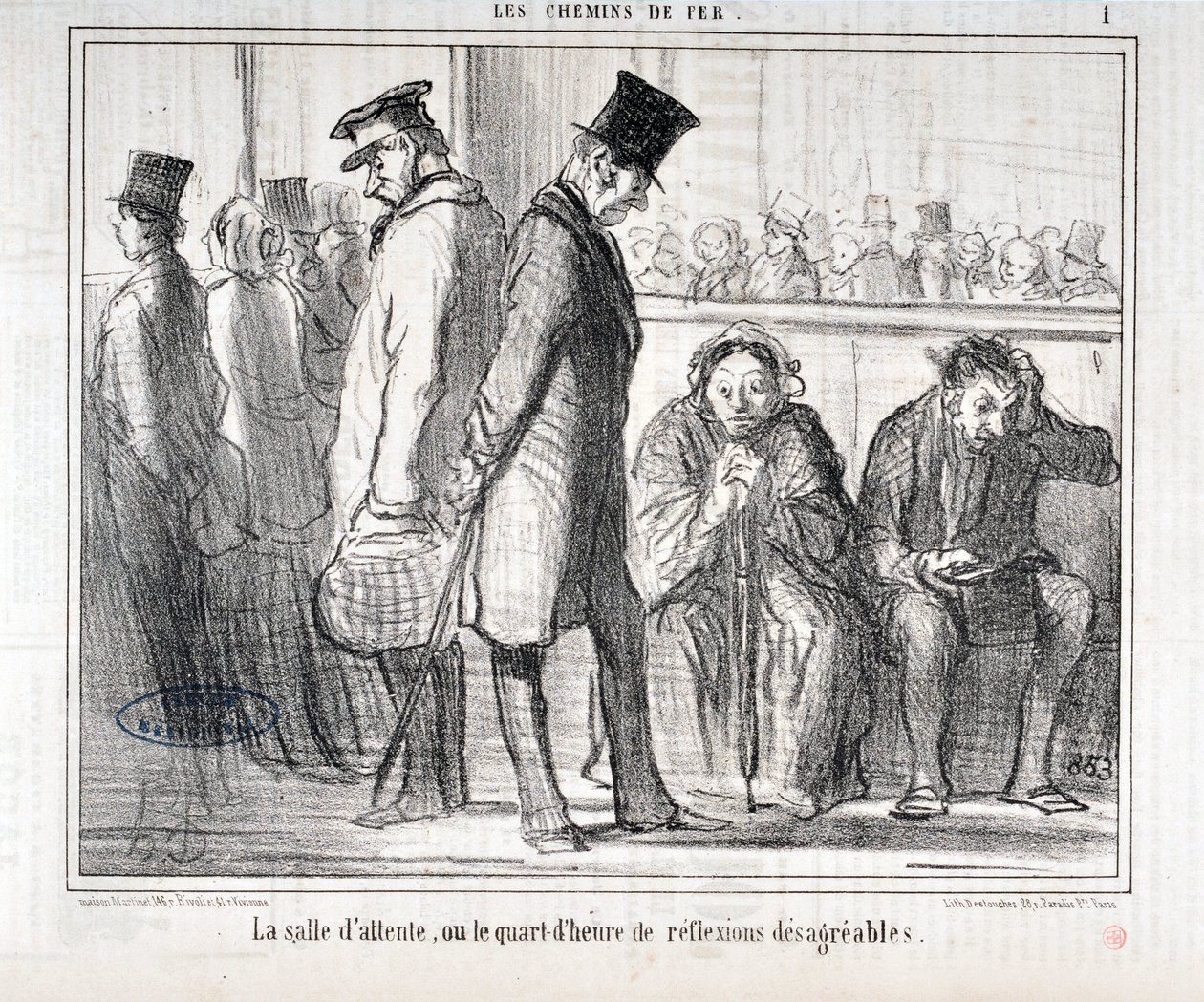 Konstverk av Honore Daumier (1808-1879). Charivari är från 1855: Serie LES Chemins de fer "" Väntrummet eller kvarten av obehagliga reflexioner""" MUSEE DES BEAUX ARTS - PALAIS LONGCHAMP, MARSEILLE av Honoré Daumier